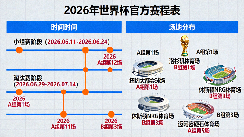 2026年世界杯官方赛程表示意图 - 比赛日期与场馆分布可视化图表