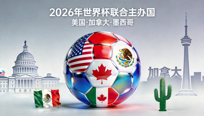 2026年世界杯主办国联合宣传形象 - 美国、加拿大、墨西哥国旗与足球元素融合